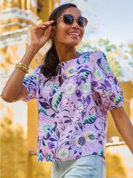 Talbots Tops - NWT, Talbots Cotton Short Sleeve Tie Front Top, Lavender Jacobean Floral, Size L